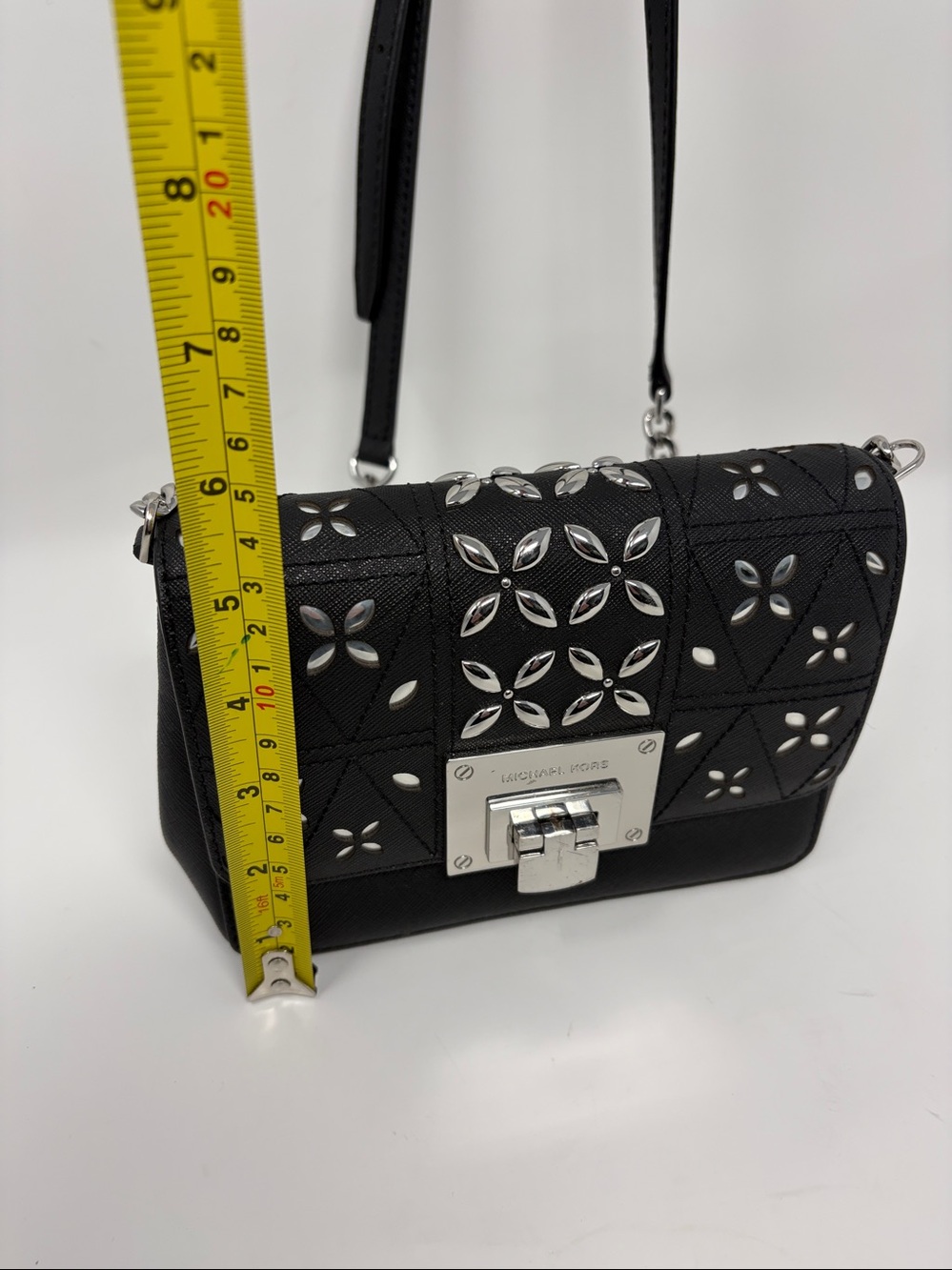 Michael Kors Black Leather Shoulder Bag with Silver Floral Studs - Picture 7 of 9